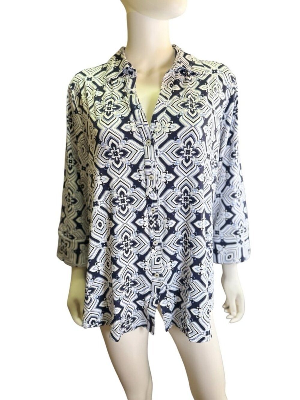 Foxcroft Easy Care Blouse Mary 34 Button Up Jersey Floral Soft Indigo Sz XL NWT